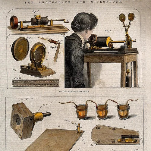 An 1878 hand-colored engraving after J.T. Balcomb showing an Edison phonograph and a carbon microphone, with a seated figure demonstrating the apparatus at a desk.