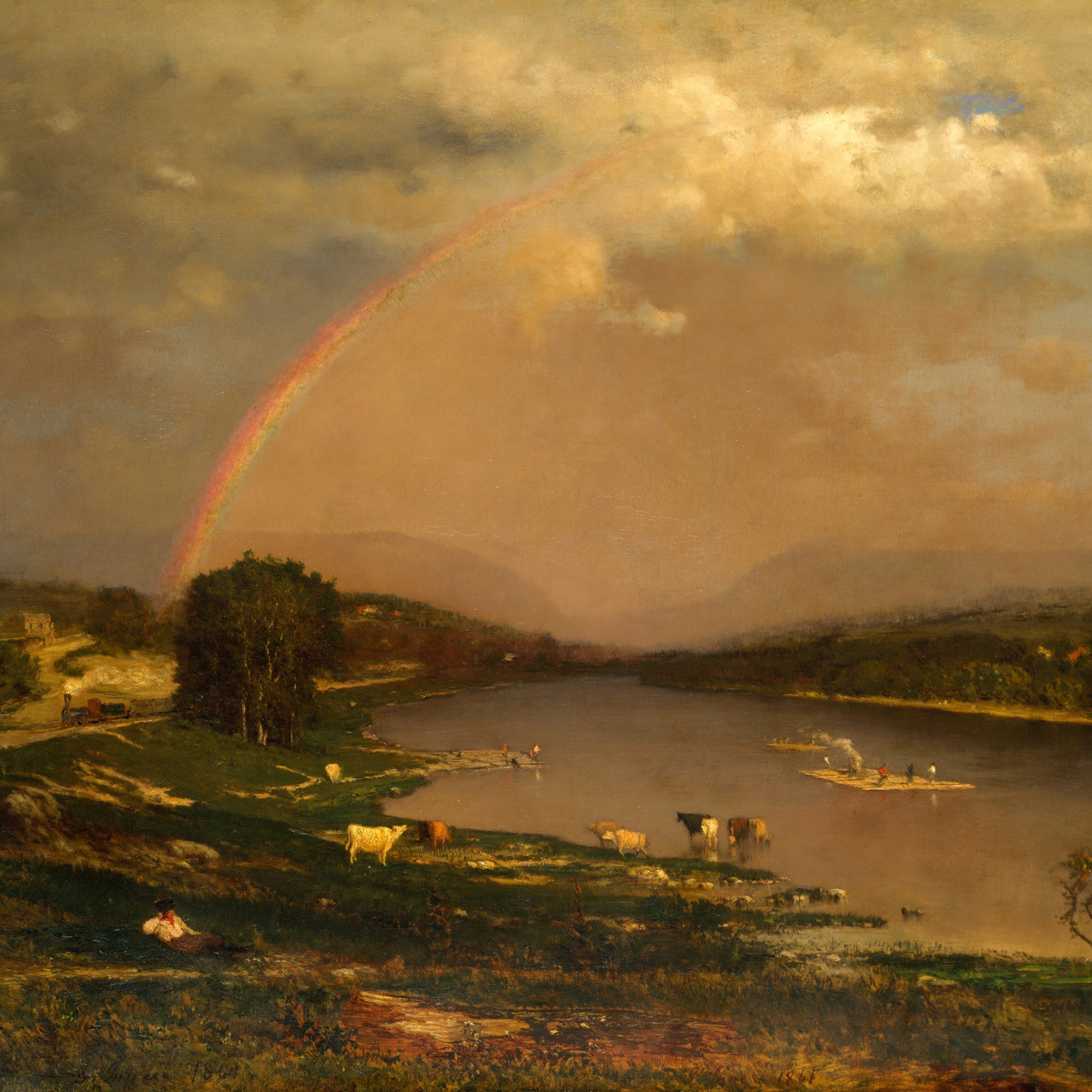 George Inness's 1861 painting Delaware Water Gap: a steam train and river barges moving through a green valley on the New Jersey–Pennsylvania border, with grazing cows in the foreground beneath a passing storm and rainbow.