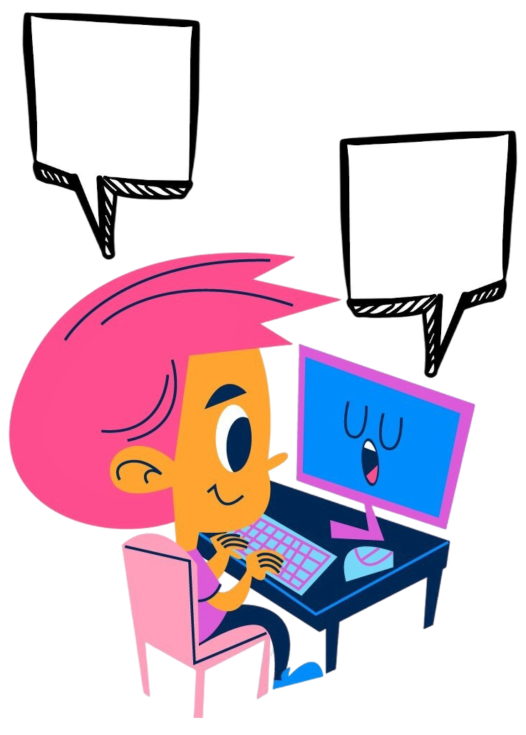 Animated figure conversing with computer, implying AI assisted brainstorming